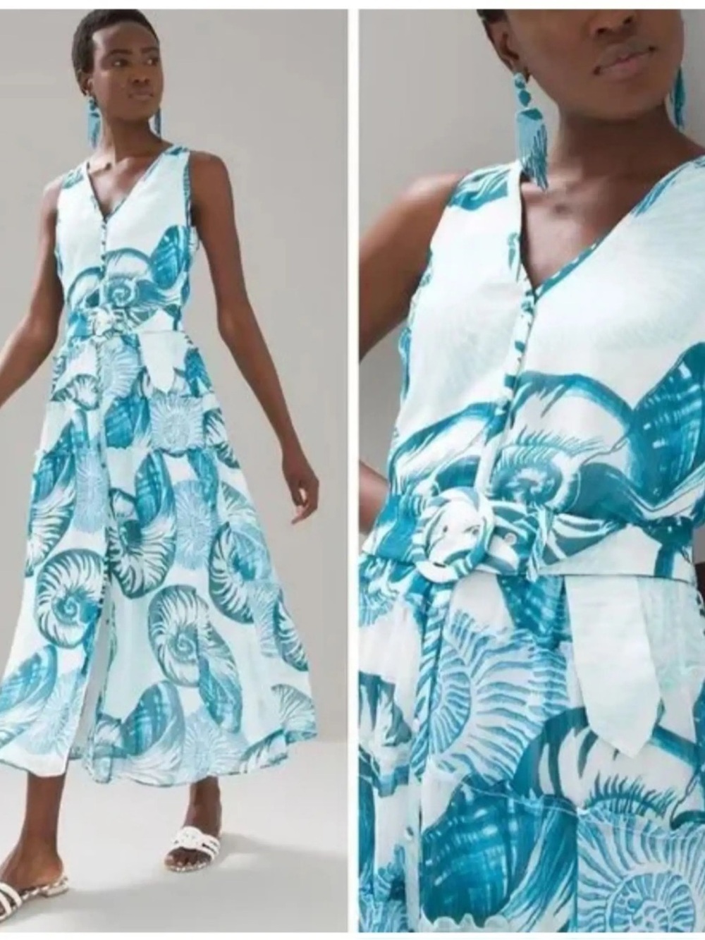 White House Black Market White and Teal Shell-Print Sleeveless Maxi Dress